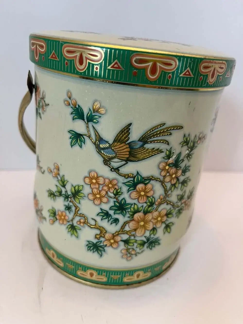 Vintage Daher England Bird Floral Metal Tin Canister w/ Lid Handle Round